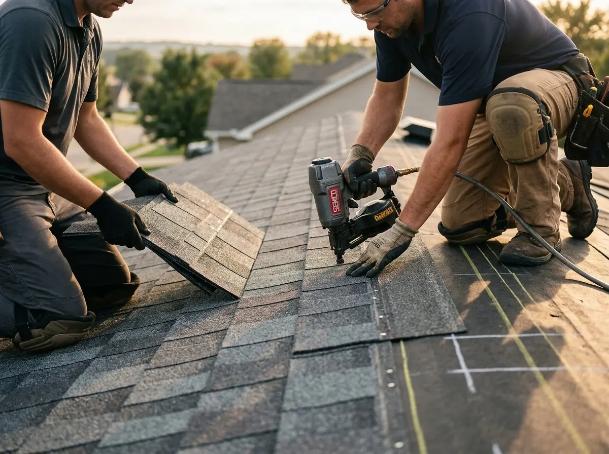Professional roofer working on a residential roof in Lower Providence